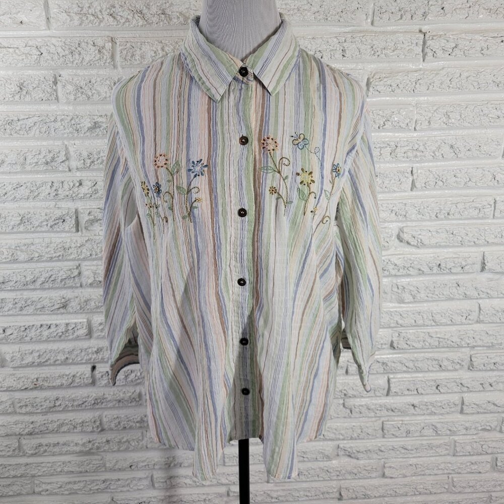 Alfred Dunner Plus Size 18 Striped Button Up Shirt Blue Green Embroidered STR81E